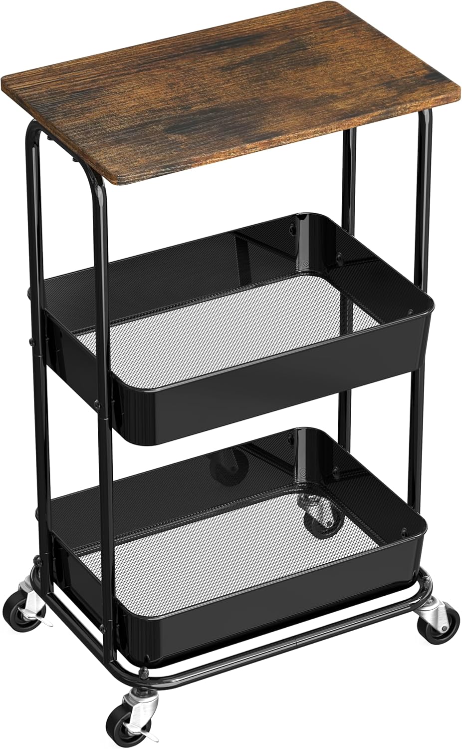 Simple Houseware 2-Tier Rolling Utility Cart with Lockable Wheels and Wood Top, Metal Storage