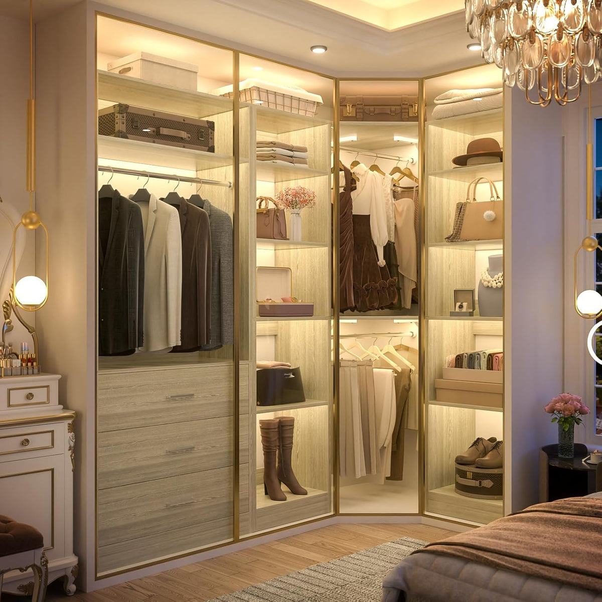 Corner Closet System with 3 Drawers, Corner Closet Organizer System with 13 Shelves & 3 Hanging
