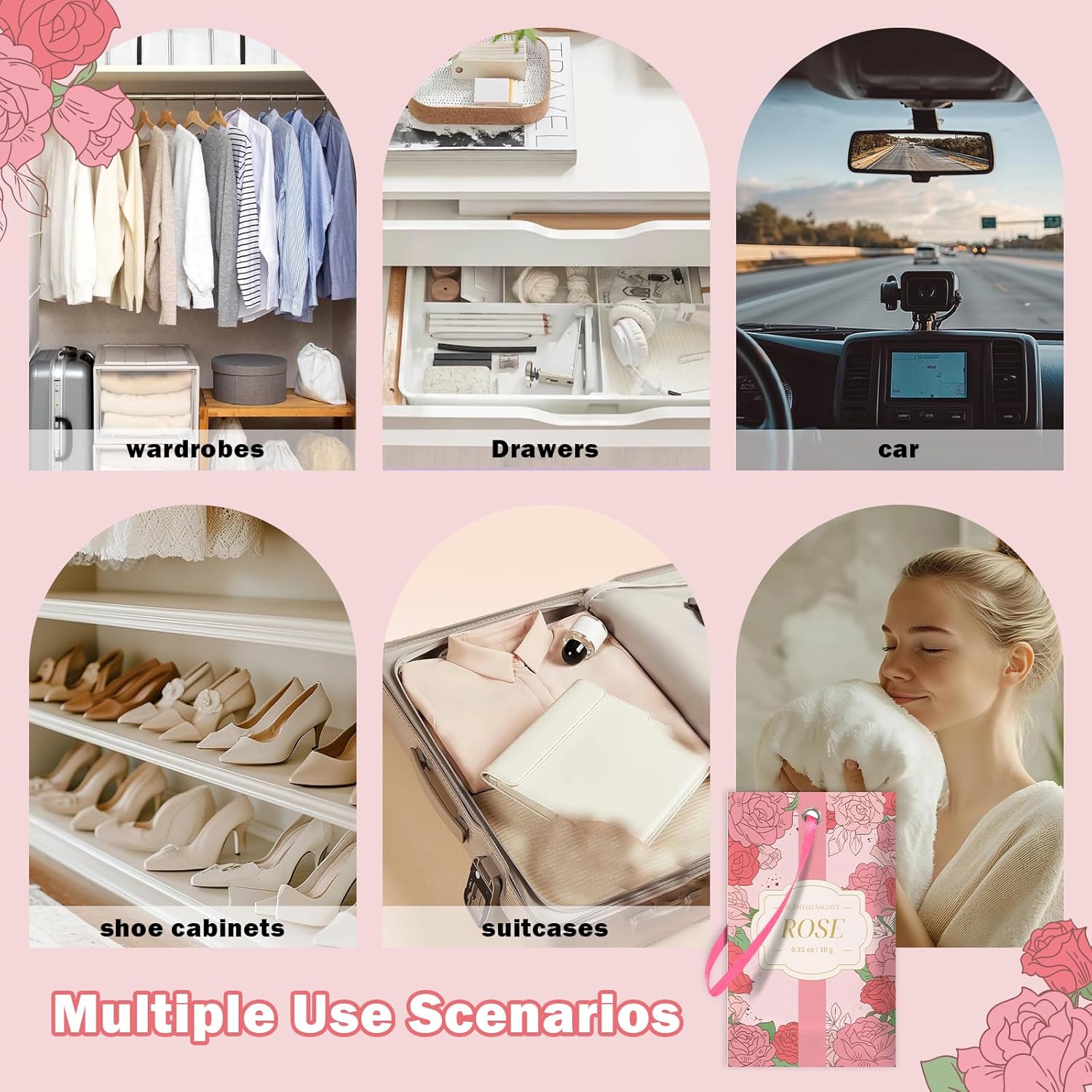 SCENTORINI Scented Sachets for Drawers and Closets, Rose Scent 14 Pack, Long-Lasting Sachets Bags