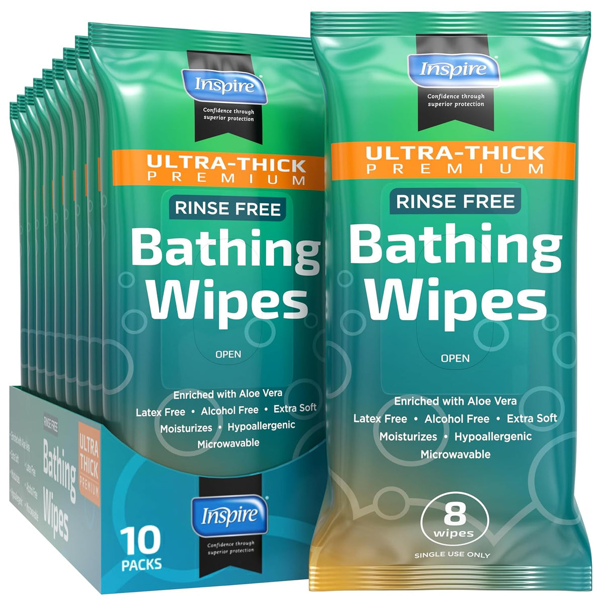 Inspire Ultra Thick Rinse-Free Bath Towels | Shower Towels - Flush-Free Wet Wipes with Aloe | Thick