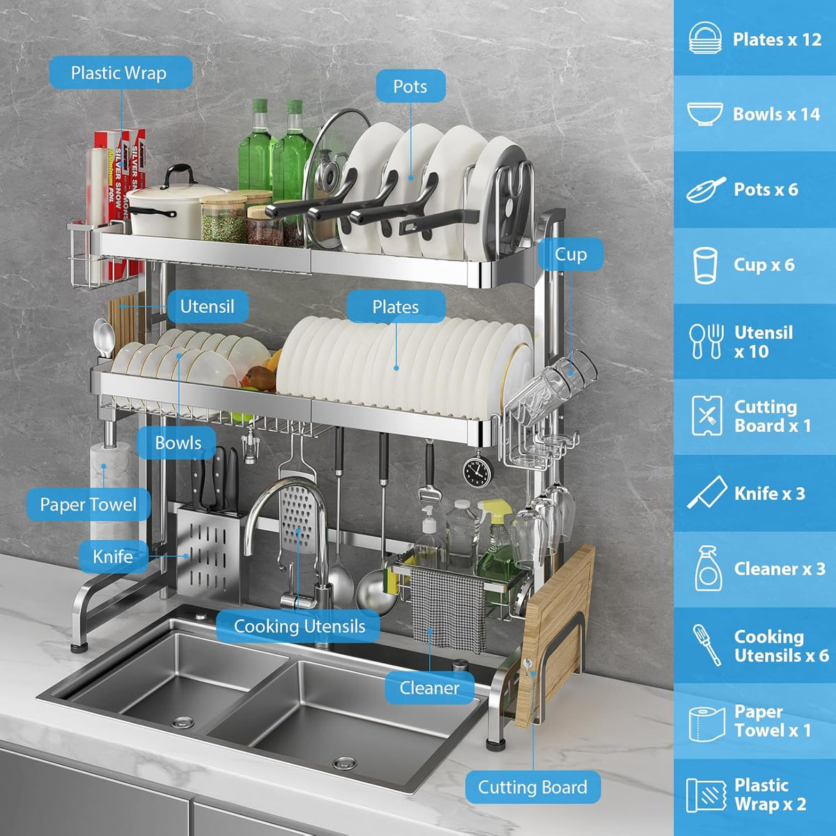 Over The Sink Dish Drainer Drying Rack, Full Stainless Steel 3-Tier Adjustable Length Over Sink