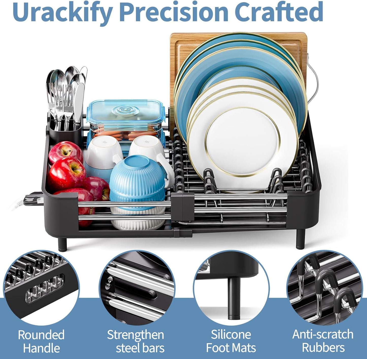 Dish Drying Rack for Kitchen Counter, Extendable Dish Rack with Drainboard, Collapsible Dish