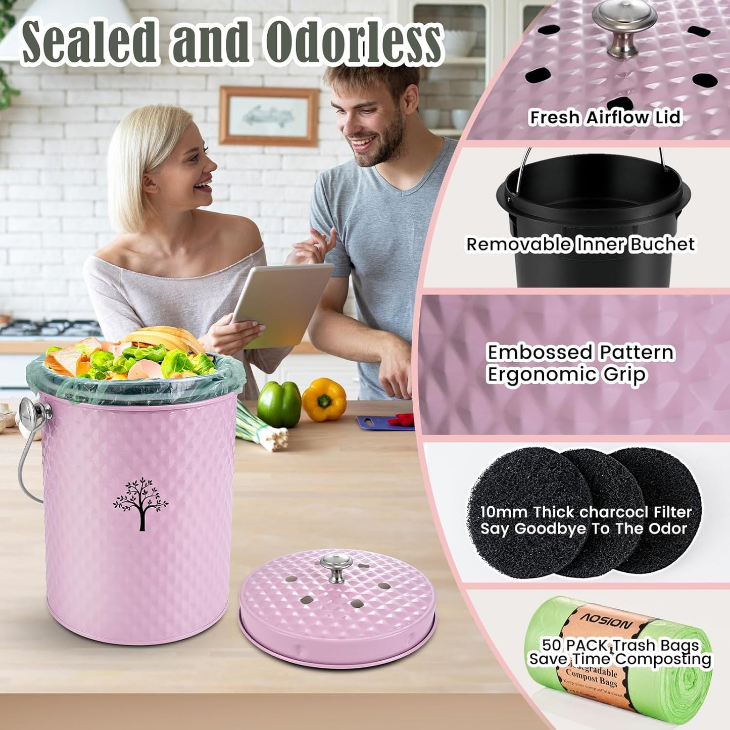 AOSION Countertop Compost Bin Kitchen，Odorless Indoor Compost Bin with Lid and Compost Bags,Compost