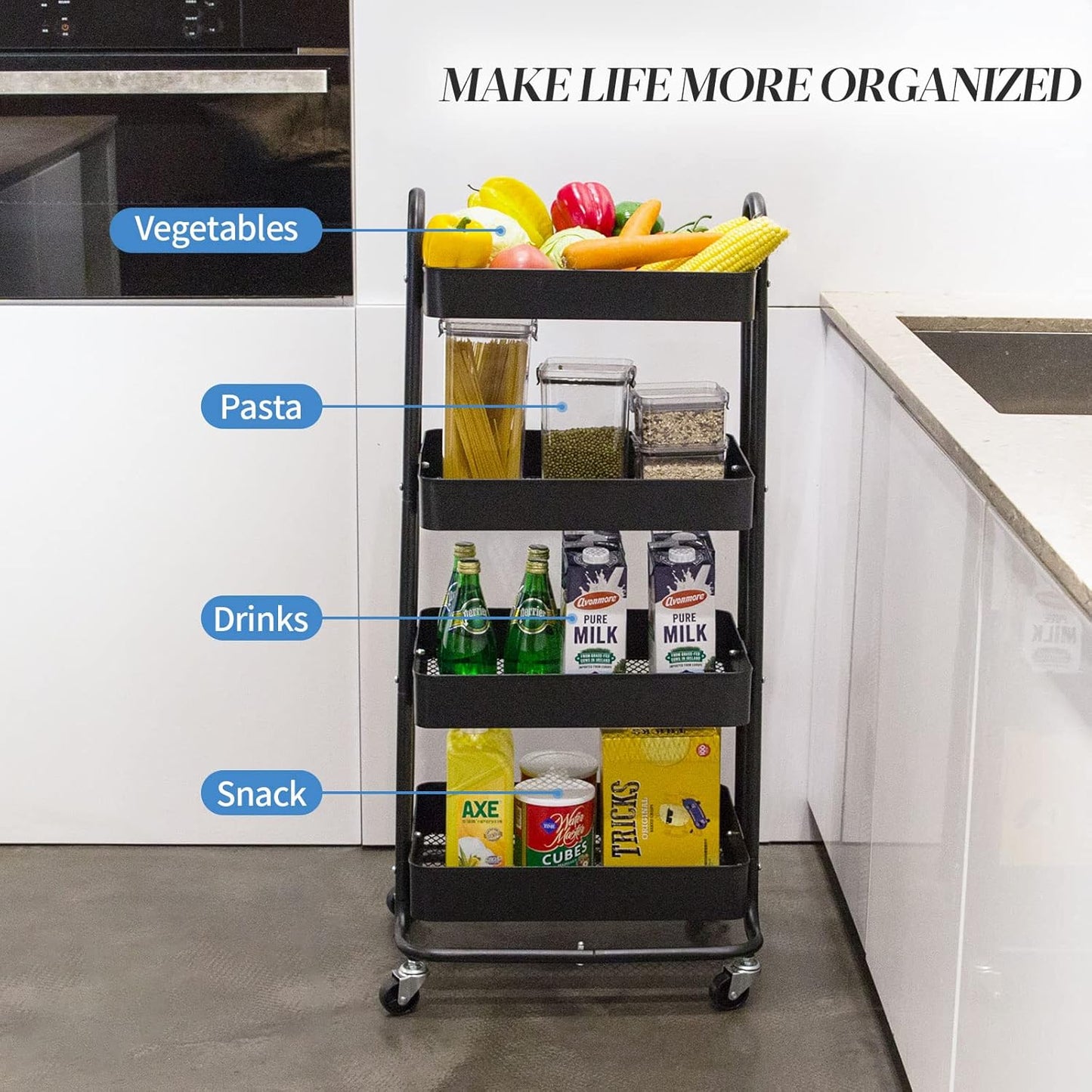 elabo 4-Tier Metal Mesh Utility Rolling Cart, Storage Organizer Trolley Services Cart with Lockable
