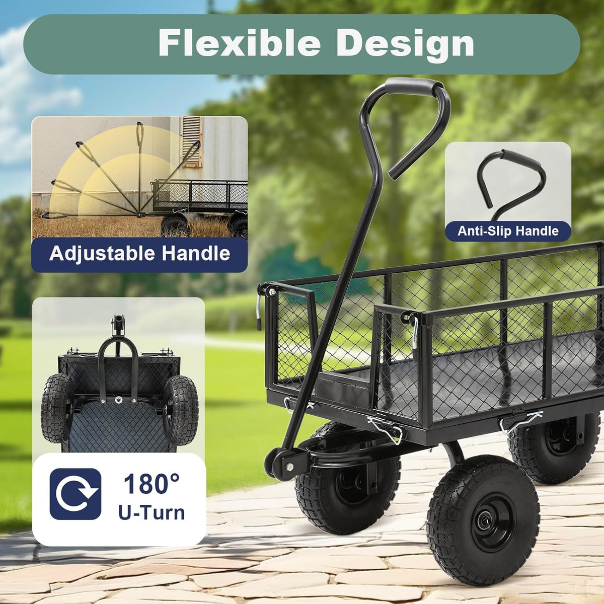 Garden Wagon Cart Heavy Duty 880 LBS Steel Utility Cart with All-Terrains 3.50-4" Solid Wheels 10"