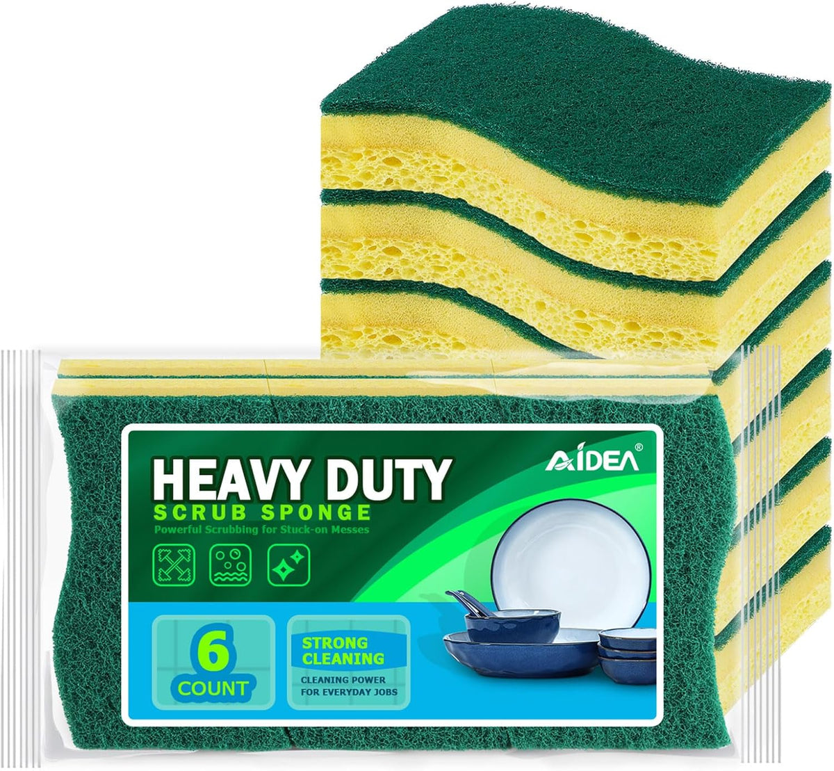 AIDEA Heavy-Duty Scrub Sponges, 6Count, Sponges for Non-Coated Cookware, Kitchen Sponge for Dishes