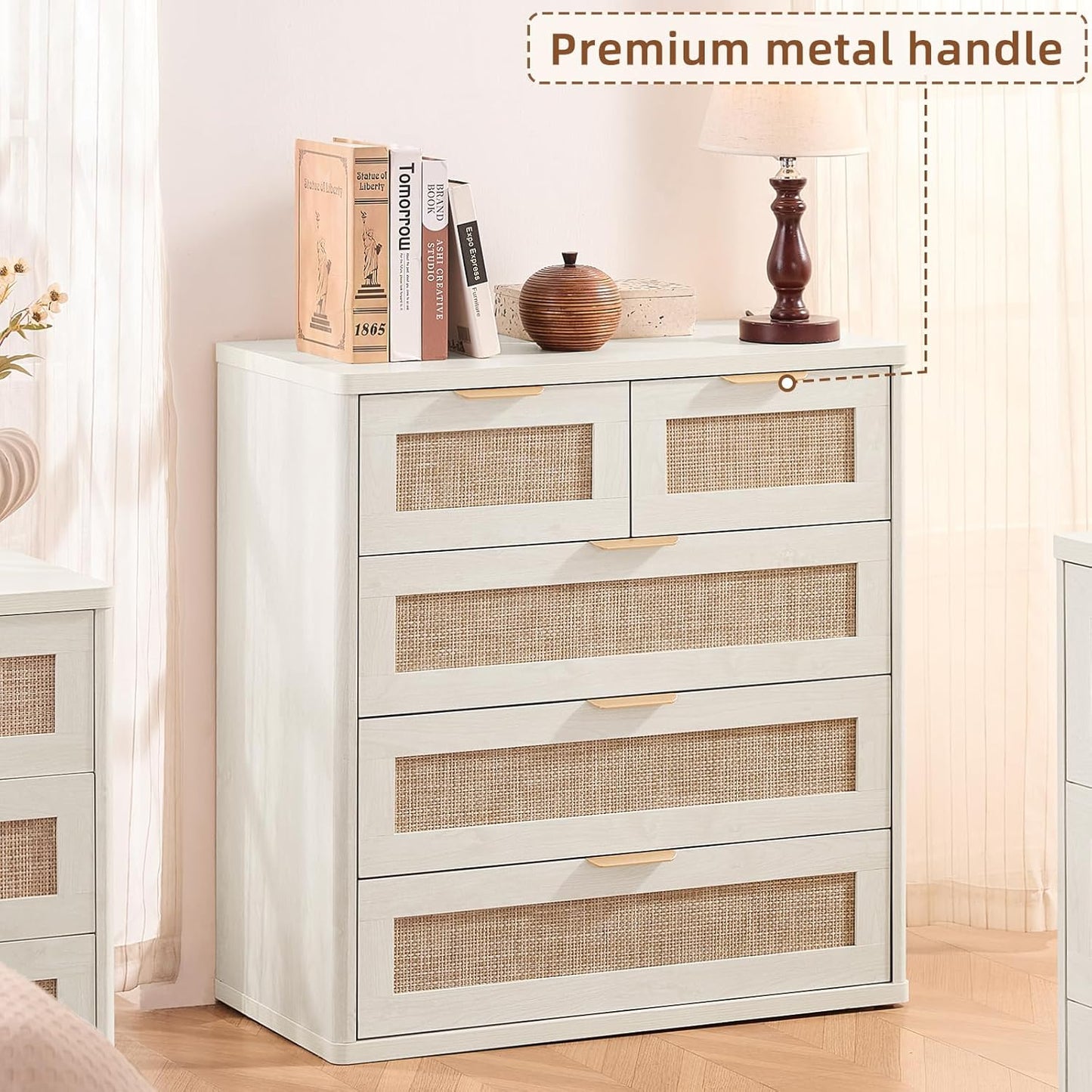 LEYAOYAO White Dresser for Bedroom, 33.5" Tall Chest of Drawers, Modern 5 Drawers Boho Rattan