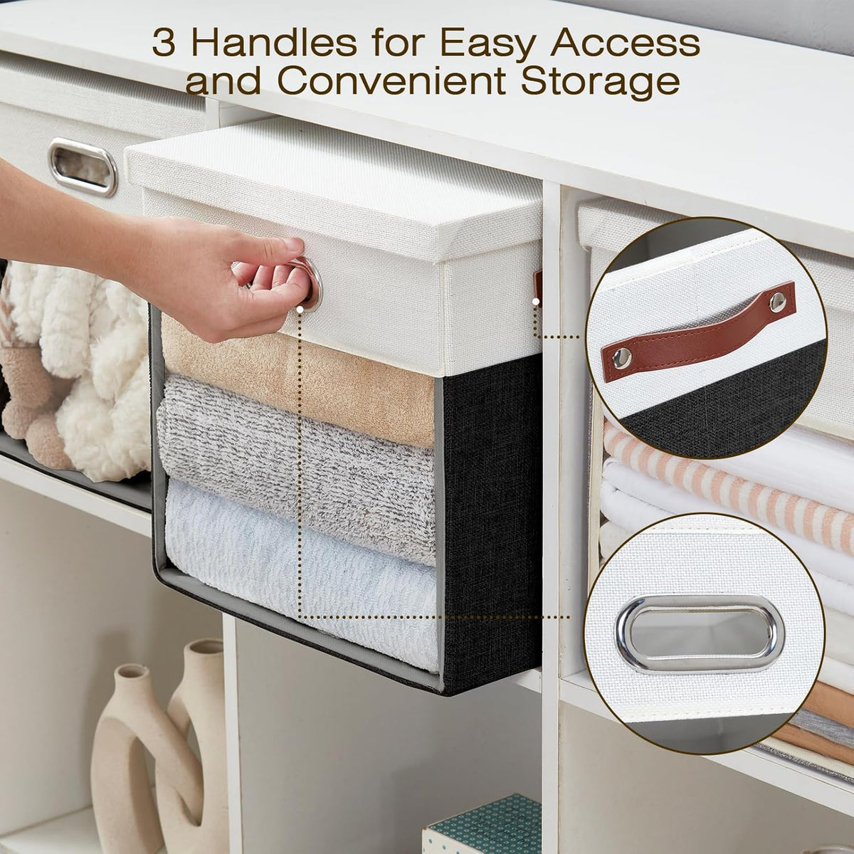 Fabric Storage Cubes with Clear Windows and Lids, 13'' Foldable Storage Bins with 3 Handles
