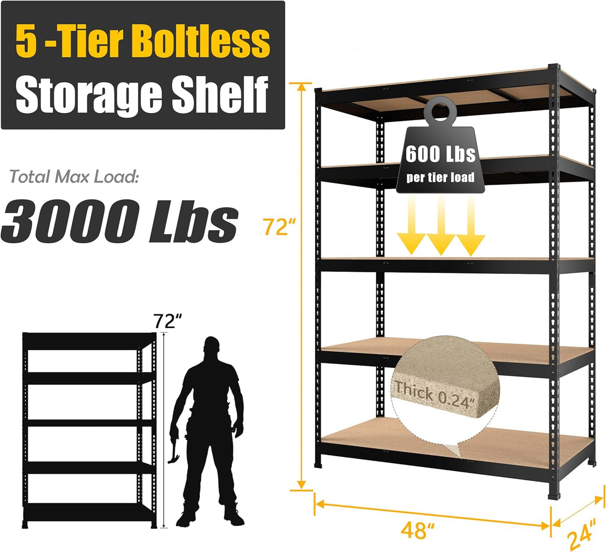 PrimeZone 3 Pack Storage Shelves 48" x 24" x 72", 5 Tier Adjustable Garage Storage Shelving, Heavy
