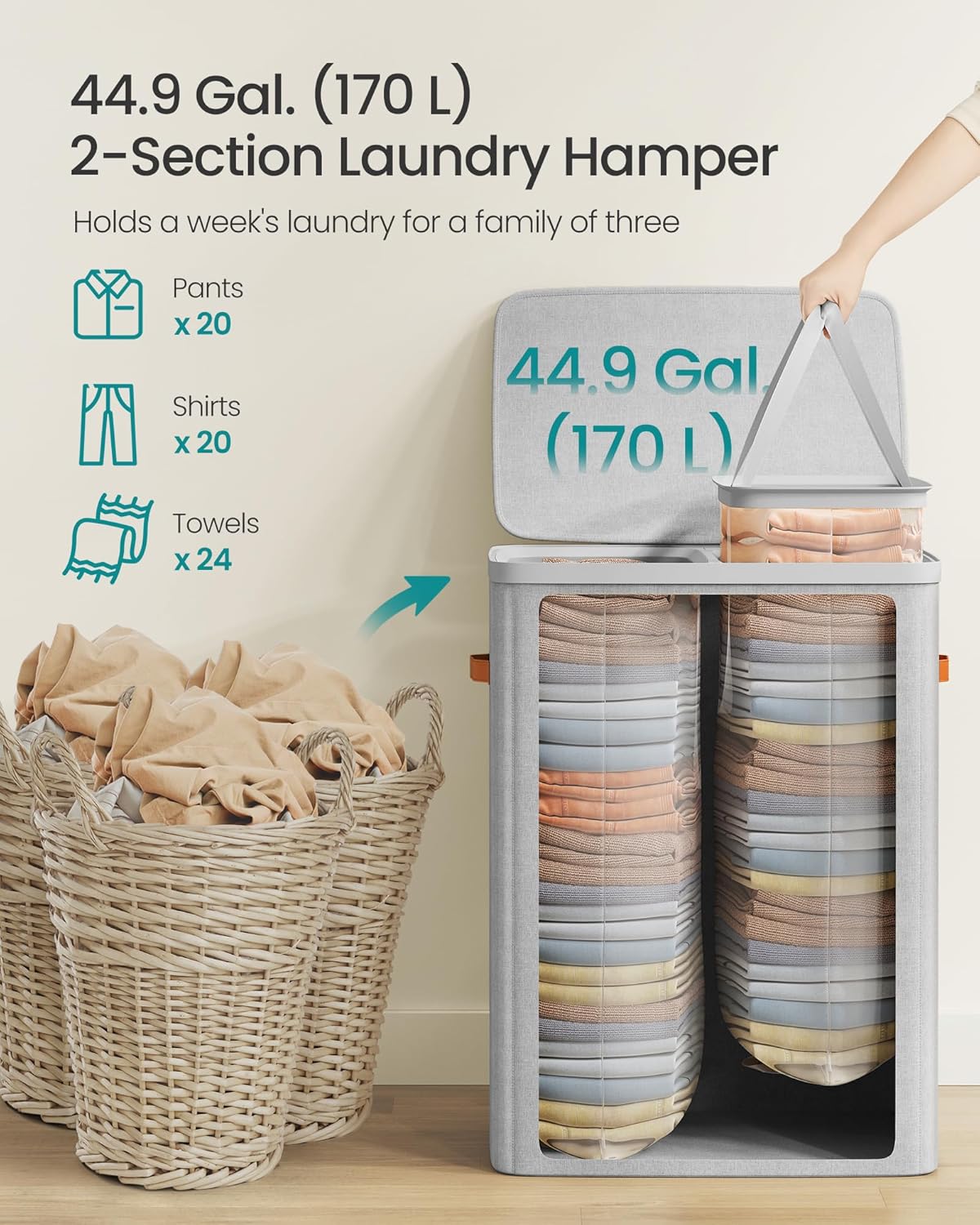 SONGMICS Laundry Basket, 44.9 Gal. Laundry Hamper, 2 Compartments, Easy Assembly, with Lid and