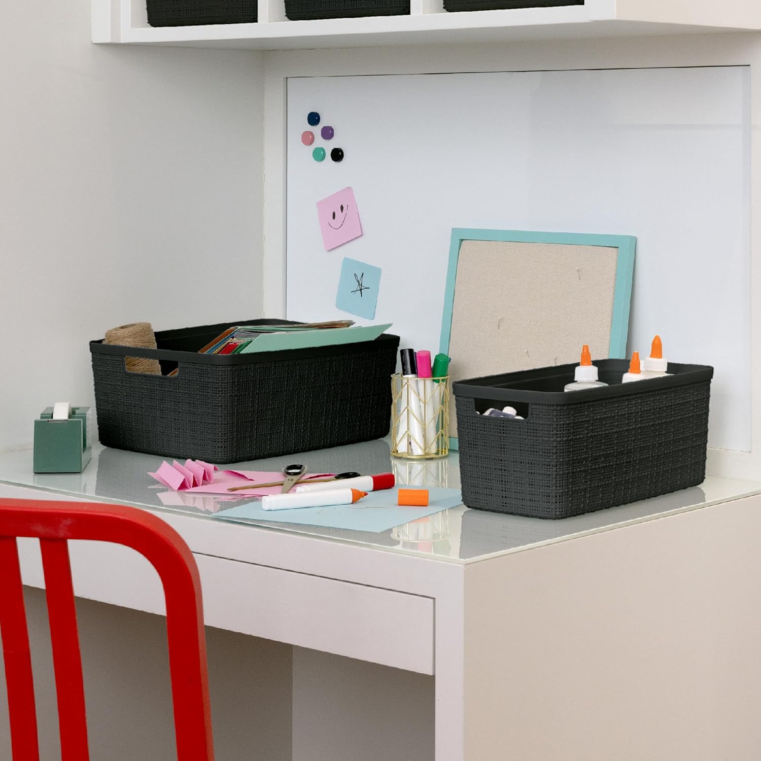 Curver Set of 8 Jute Slim Decorative Plastic Organization and Storage Baskets, Perfect Bins for