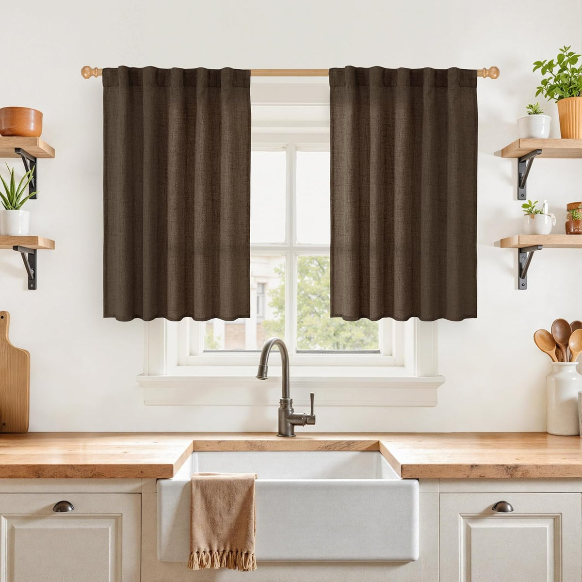 YoungsTex Brown Linen Cafe Curtains 36 Inches Long for Fall Decor, Small Light Filtering Drapes