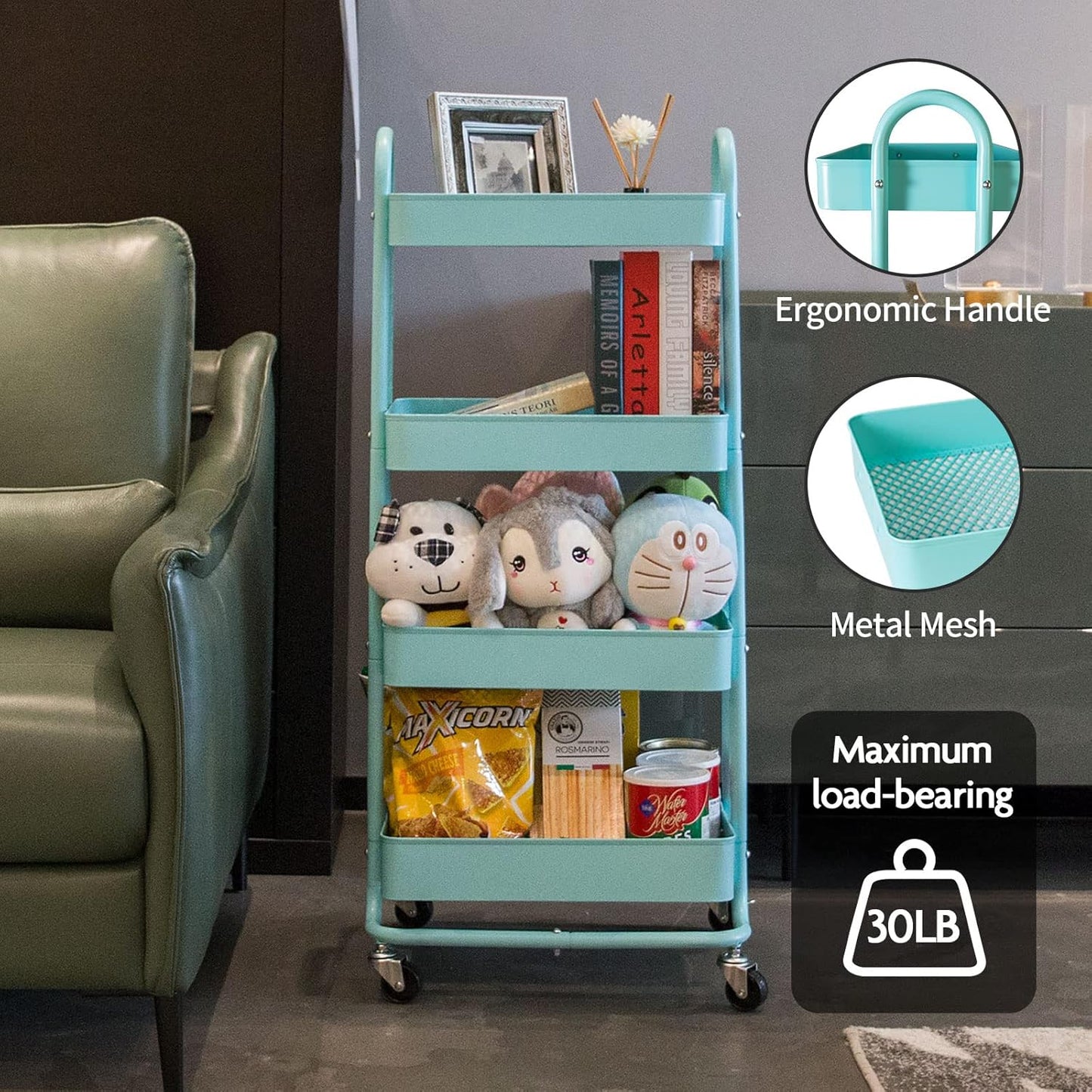 elabo 4-Tier Metal Mesh Utility Rolling Cart, Storage Organizer Trolley Services Cart with Lockable
