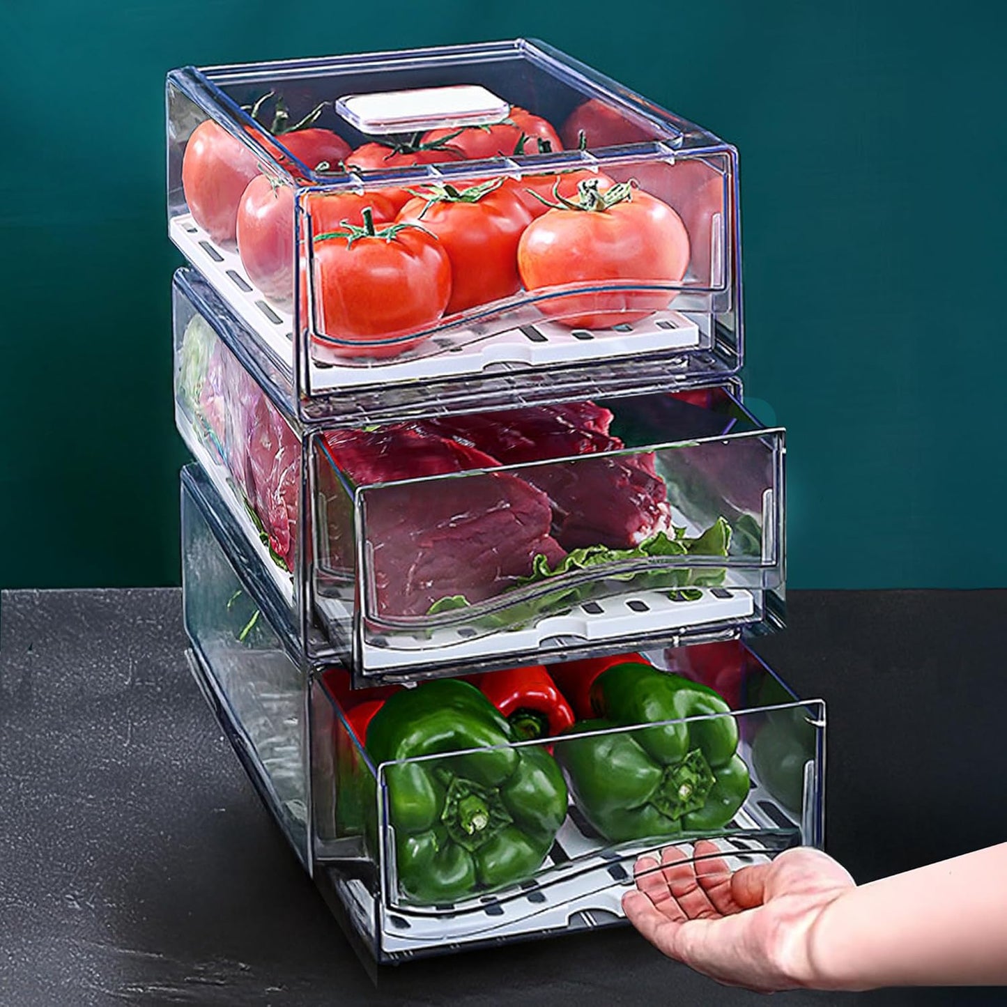 2 Pack Large Capacity Fruit Storage Containers for Fridge with Drain Board, Stackable Refrigerator