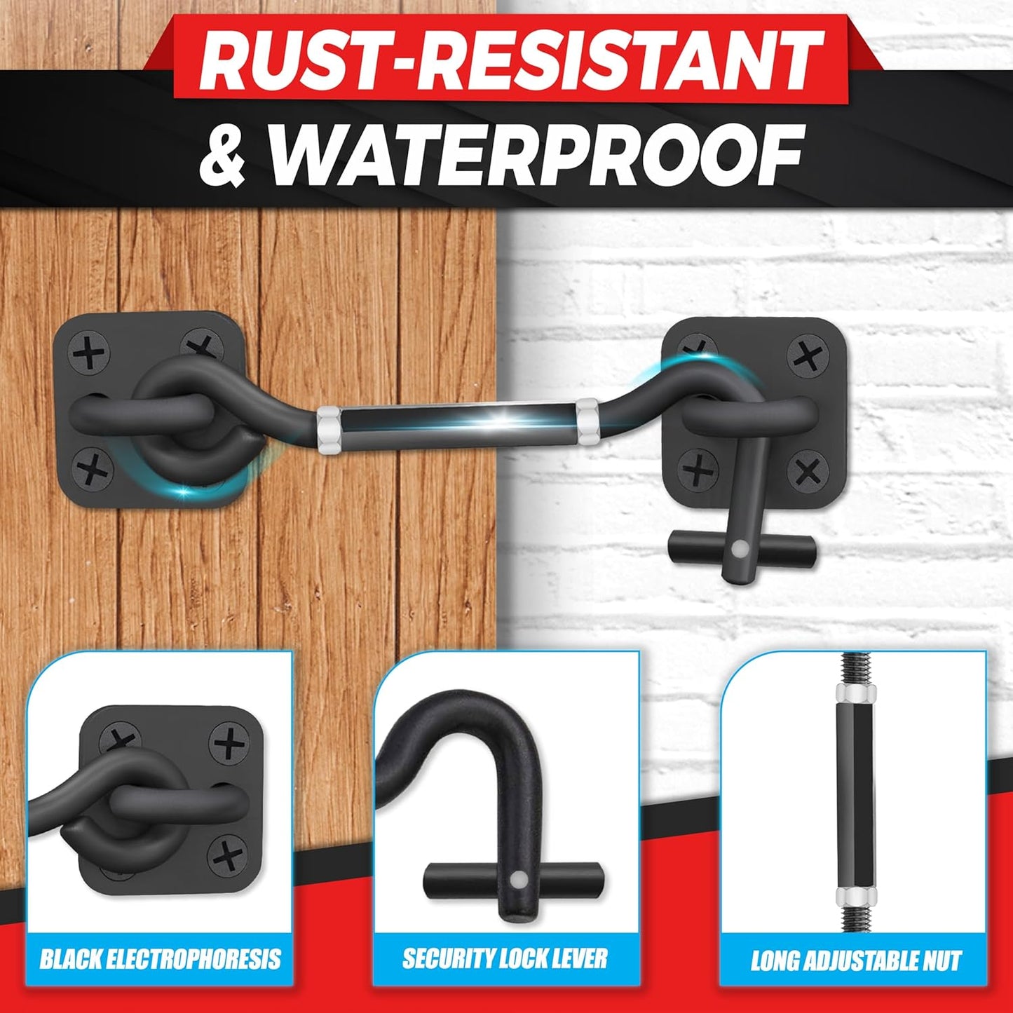 [Upgrade Adjustable] 6”-10” Cabin Hook Eye Latch Gate, Heavy Duty 4 Mounting Points Bracket, Barn
