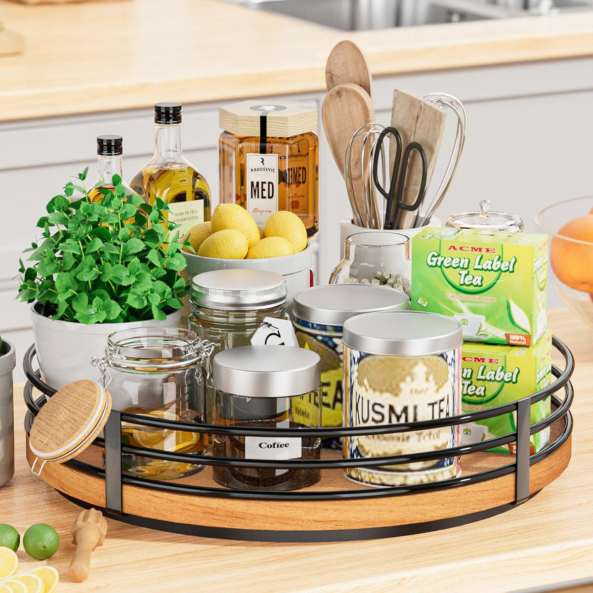 12" Lazy Susan Turntable Organizer - Oak Wood Lazy Susan for Cabinet Kitchen Countertop Dining