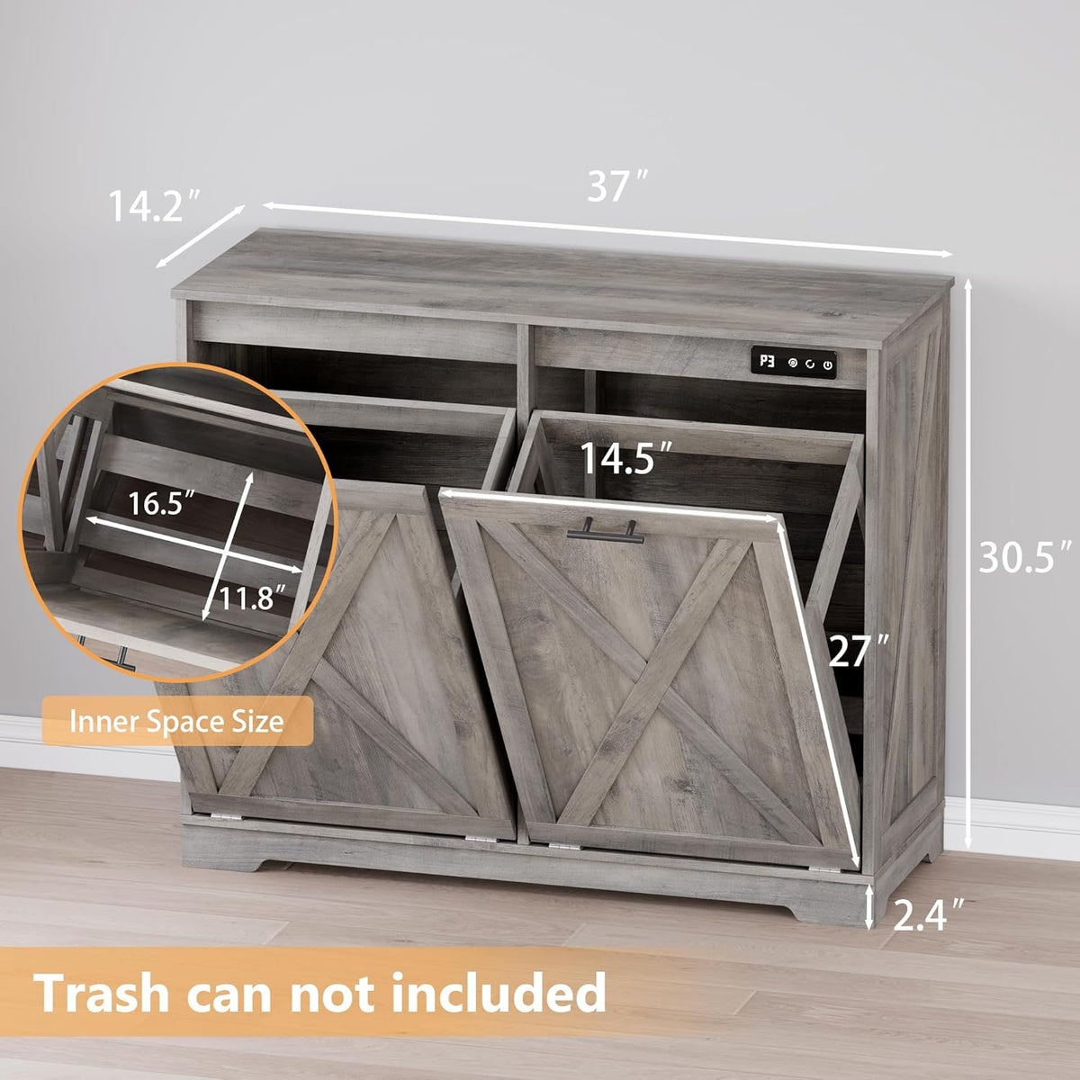 Tilt Out Trash Can Cabinet for 2 Bins, Hidden Recycle Garbage Bin Enclosure, Wooden Double Laundry