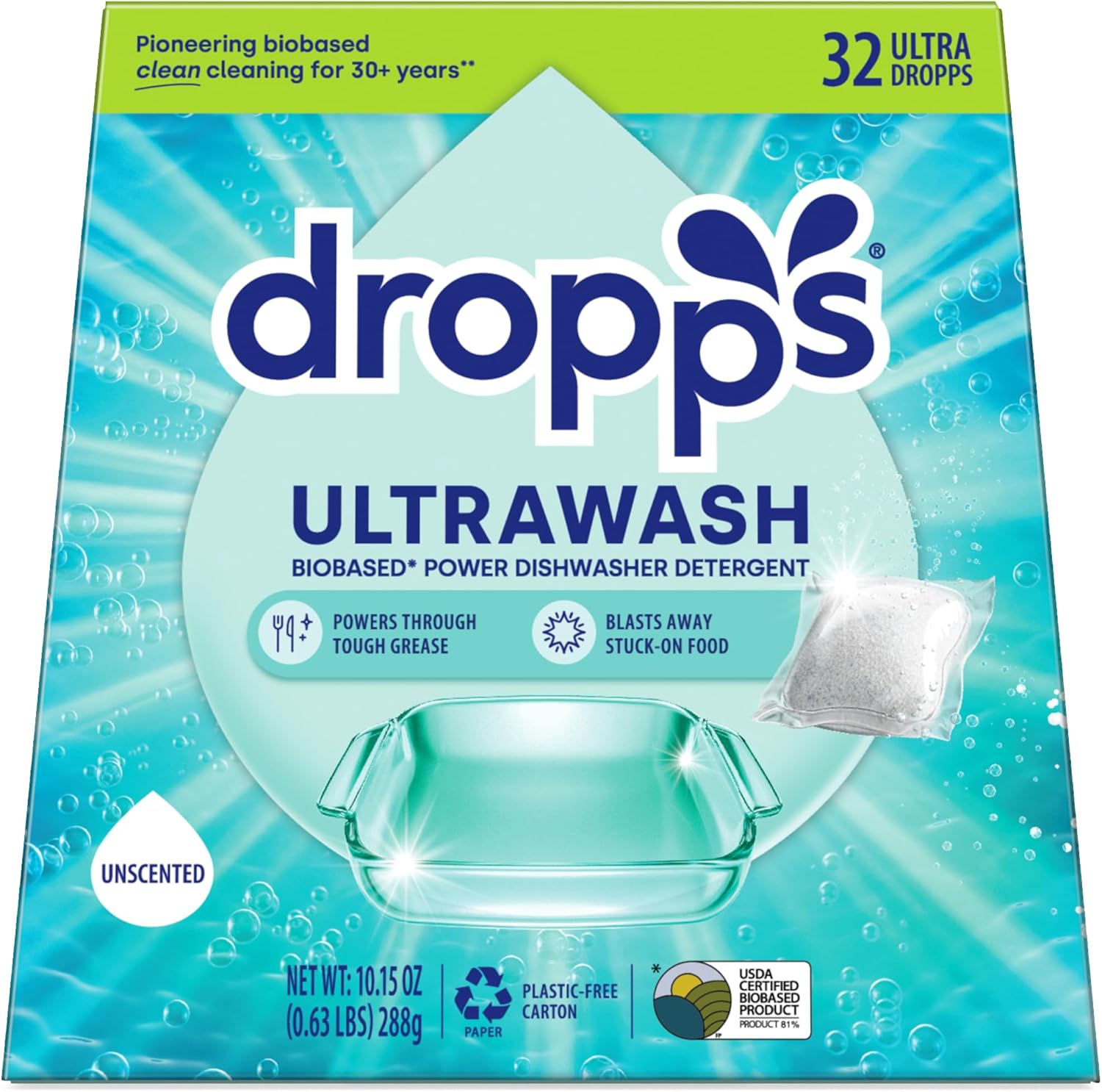 Dropps UltraWash Dishwasher Pods, Unscented (32 Count) - Biobased Power Deep Clean Dishwasher