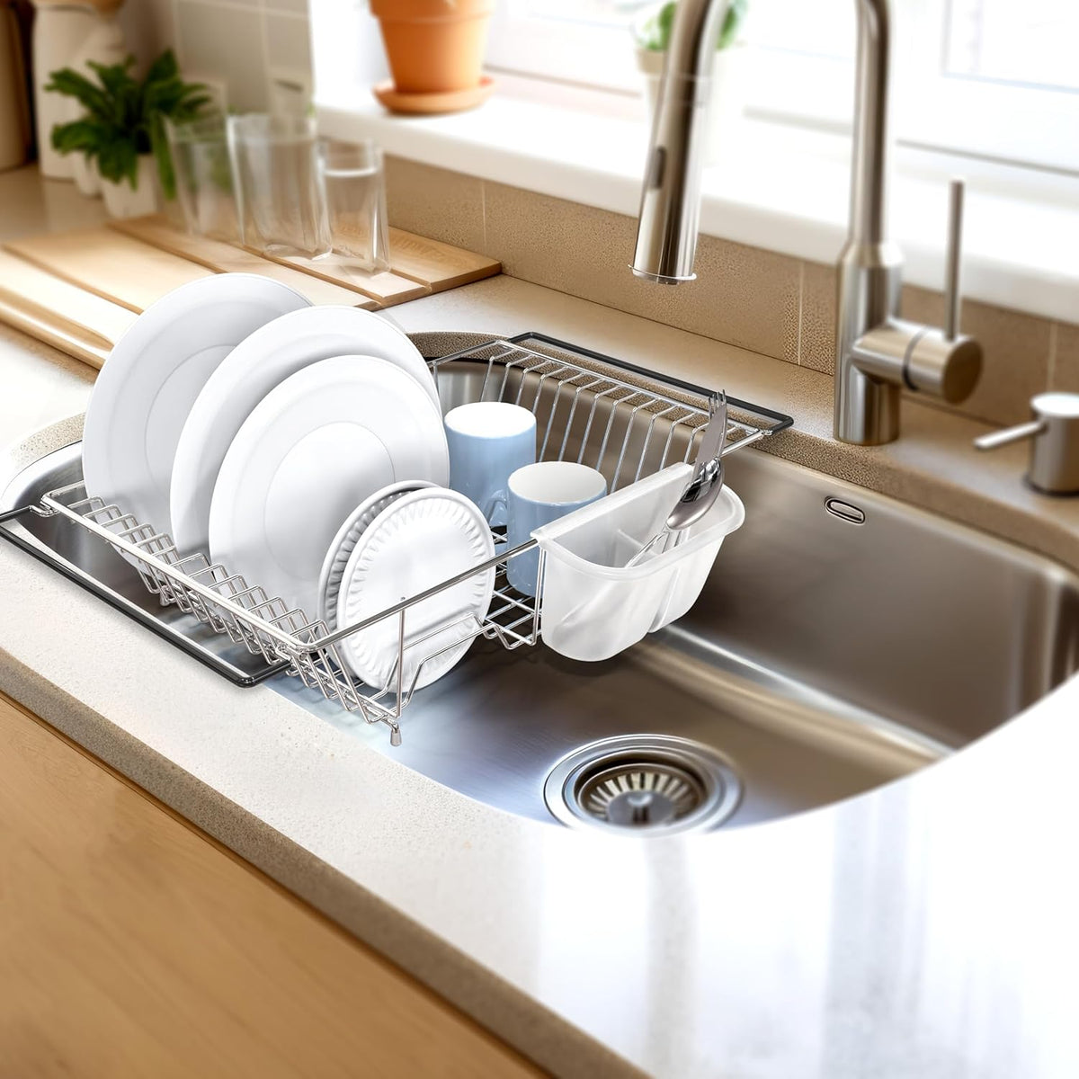 SIMPLE HOUSEWARE Large Over Sink Counter Top Stainless Steel Dish Drainer Drying Rack with Utensil