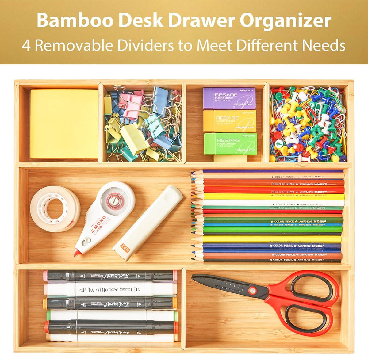 Umilife Large Bamboo Desk Drawer Organizer, Wood Junk Organizer Tray with Adjustable Dividers