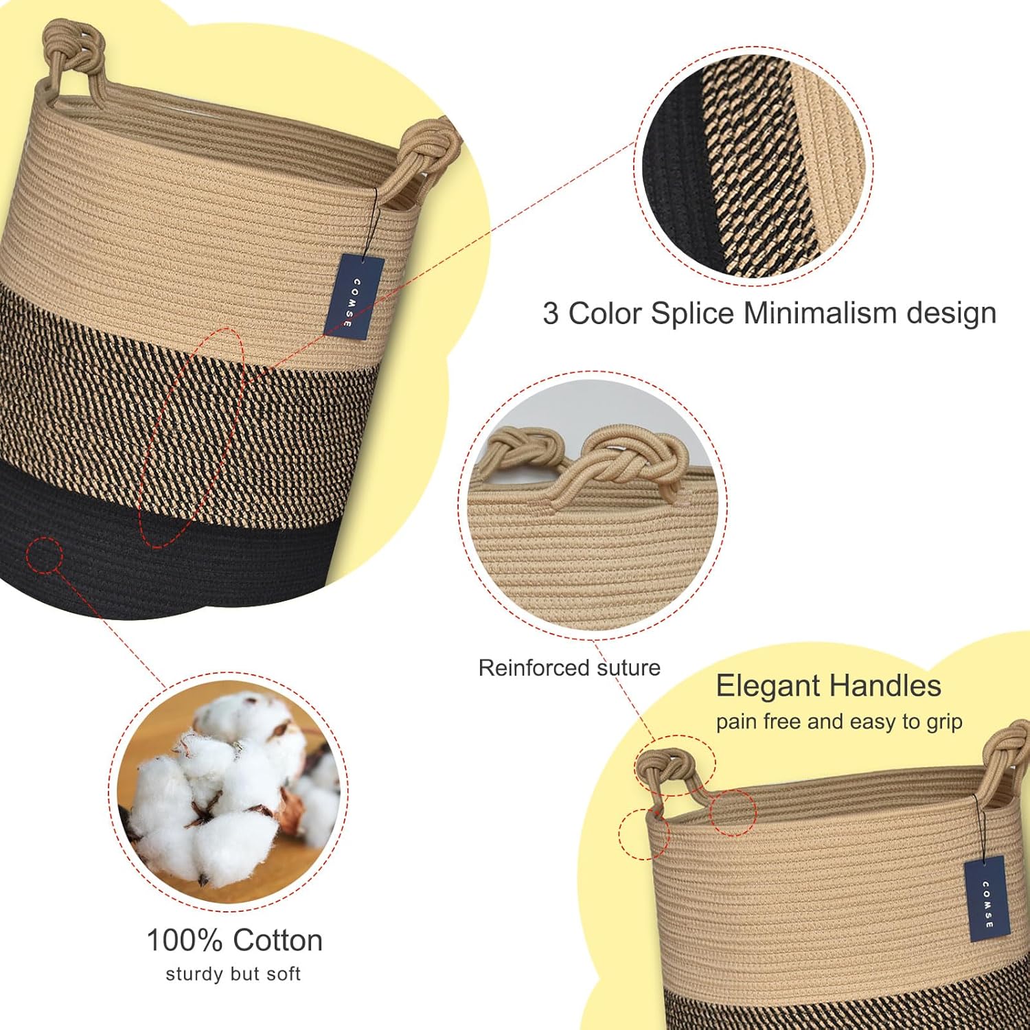 COMSE Extra Large Blanket Basket, Tall Woven Storage Basket, Nursery Hamper, 15.7”x 21.7”, Cotton