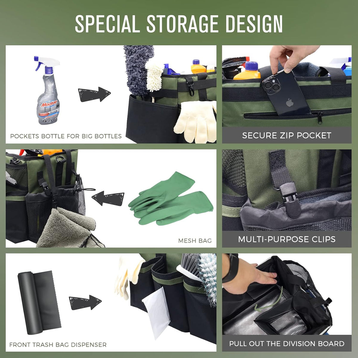 Wearable Cleaning Caddy Organizer with Handle & Shoulder Straps for Housekeepers, Under Sink & Car