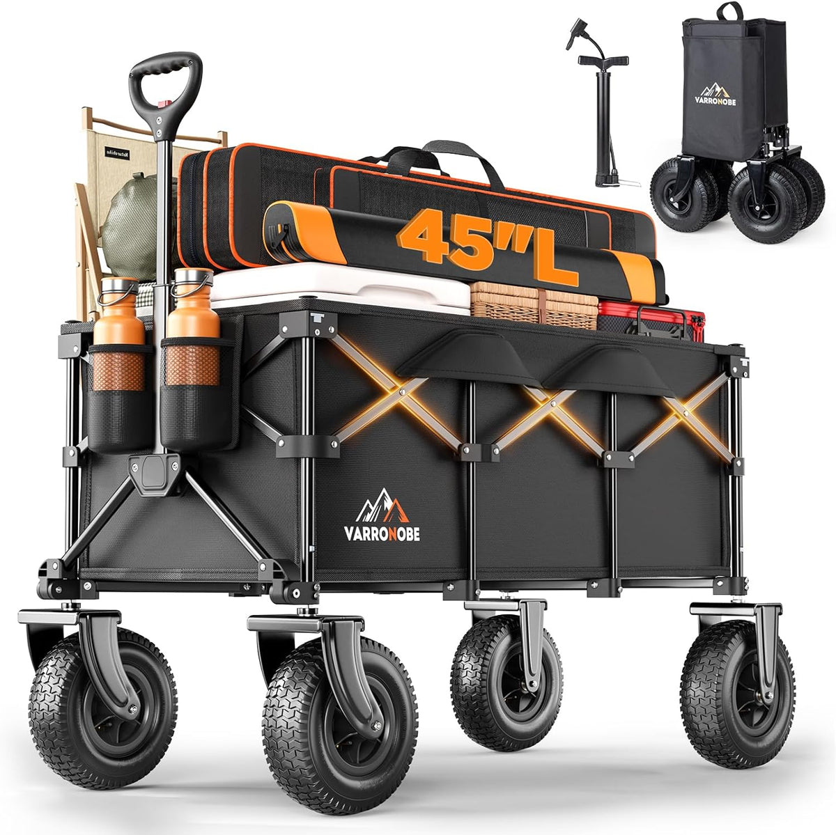 Beach Wagon with 10x3.5 Big Rubber Wheels for Sand, 400lbs Heavy Duty 220L Collapsible Utility