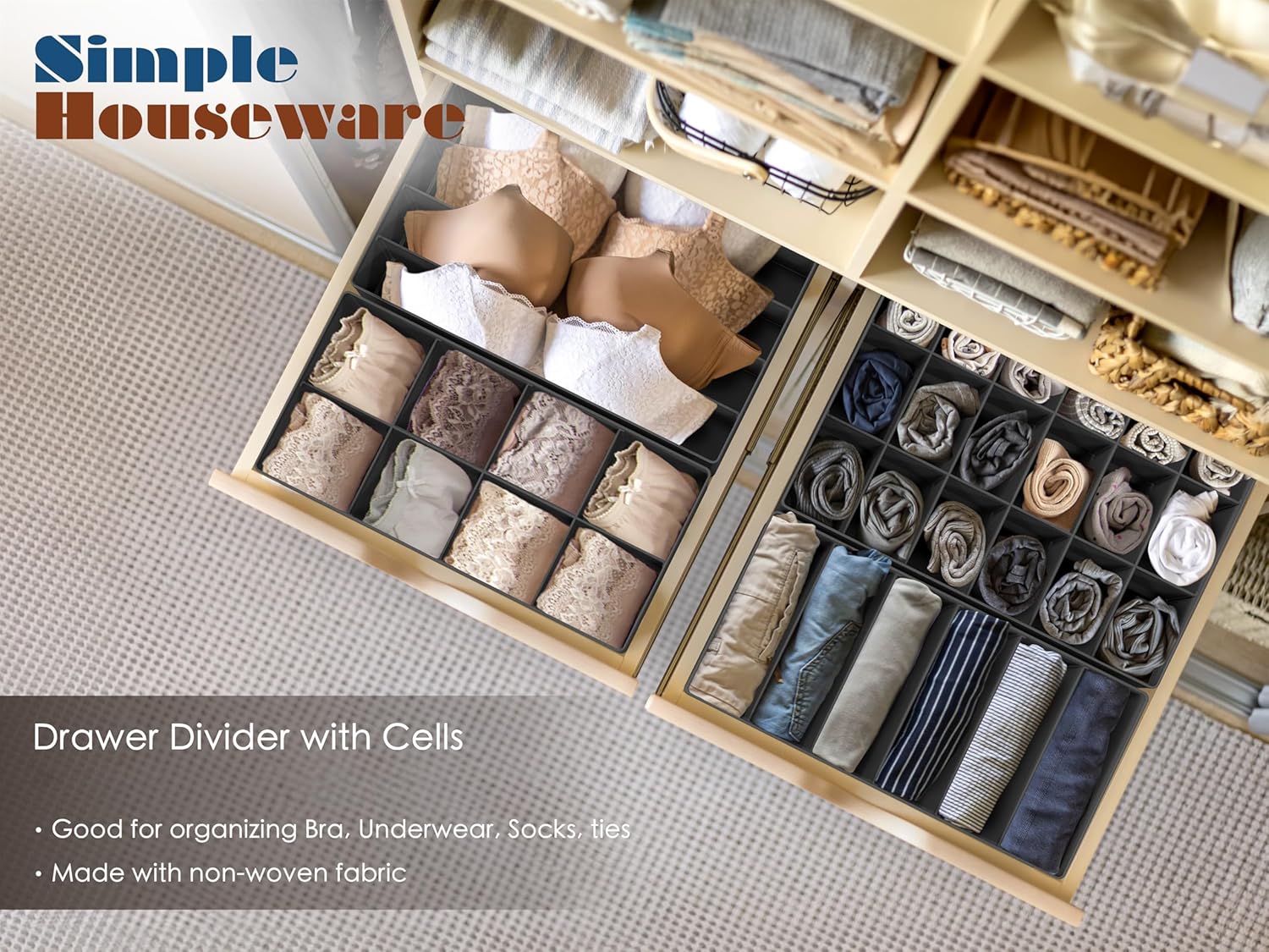 Simple Houseware 4-Pack Drawer Organizer Set - Closet Dividers for Underwear, Socks, Bras, Scarves