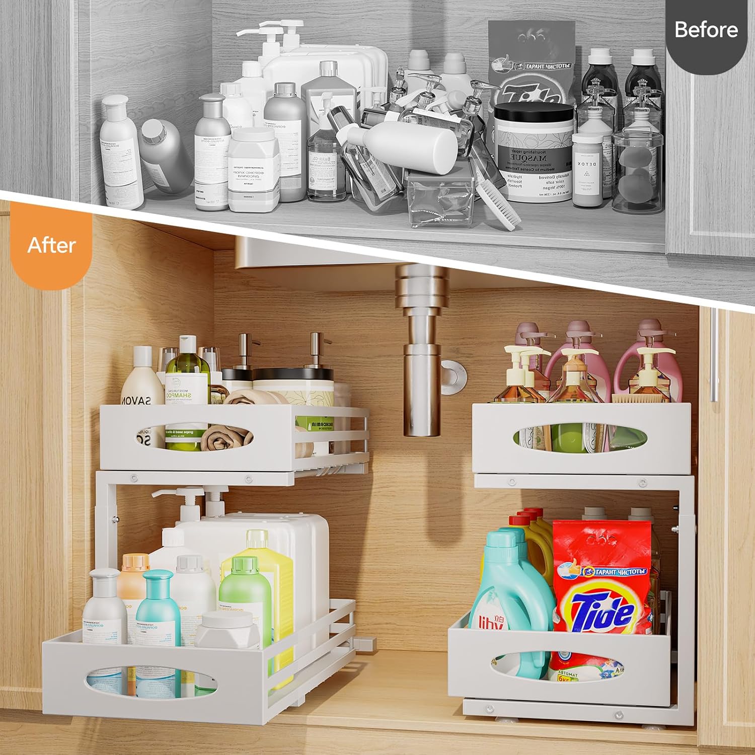 Under Sink Organizer, 2 Tier Under Sink Organizers and Storage, Adjustable Height, Slide out Metal