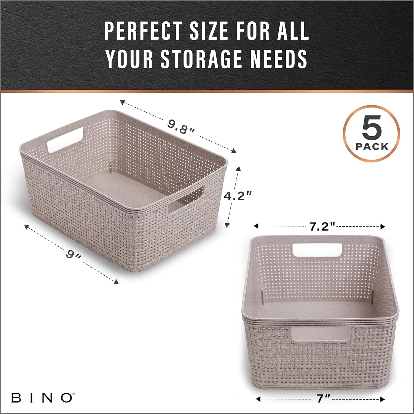 BINO | Woven Plastic Basket | Small (Natural Grey), 5-Pack | THE JUTE COLLECTION | Home