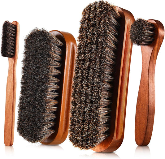 4 Pcs Horsehair Shine Shoes Brush Kit Polish Dauber Applicators Cleaning Leather Shoes Boots Care