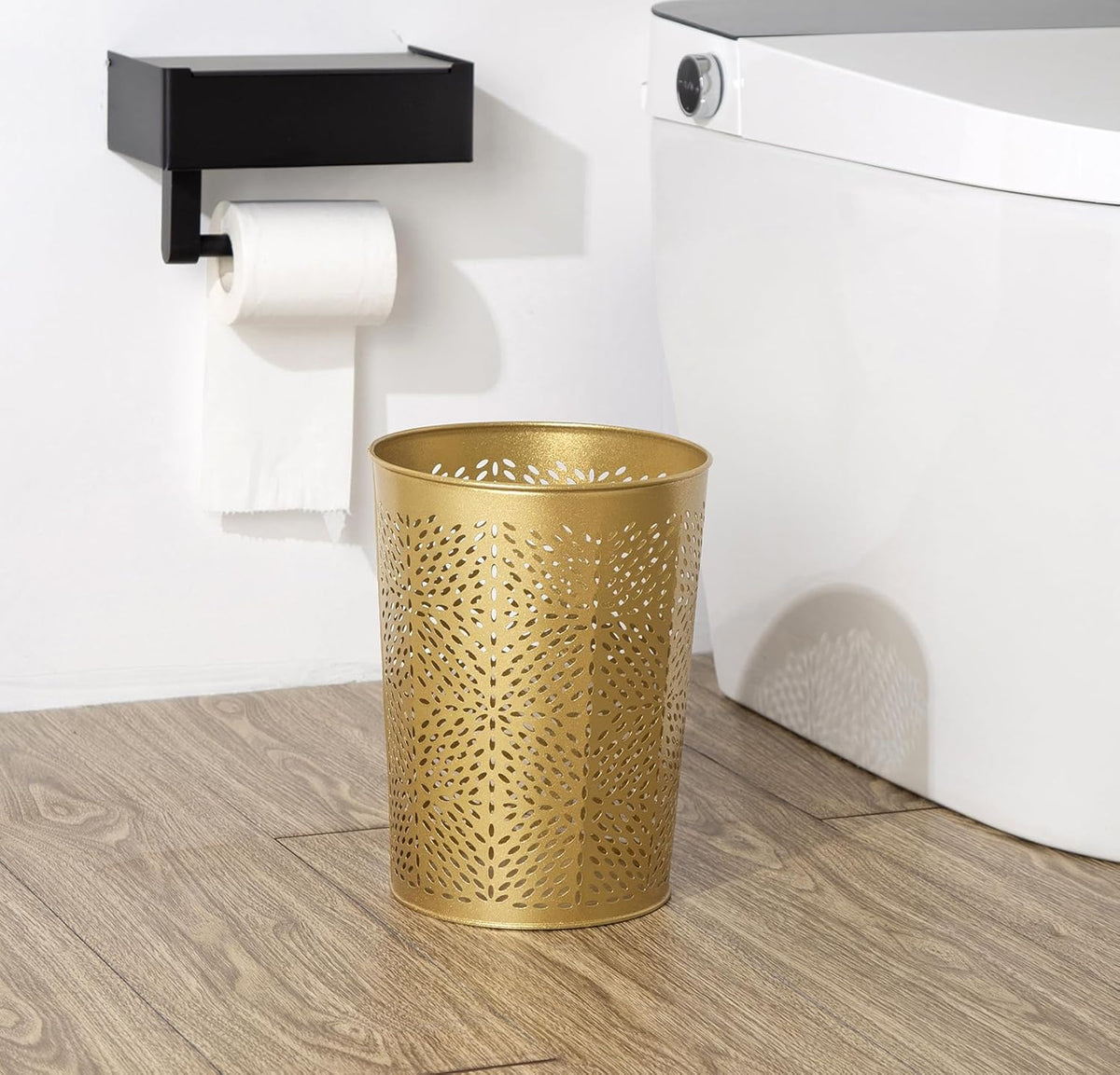 Small Gold Metal Trash Can Wastebasket, Decorative Hollow-Out Garbage Can Waste Paper Bin, Modern