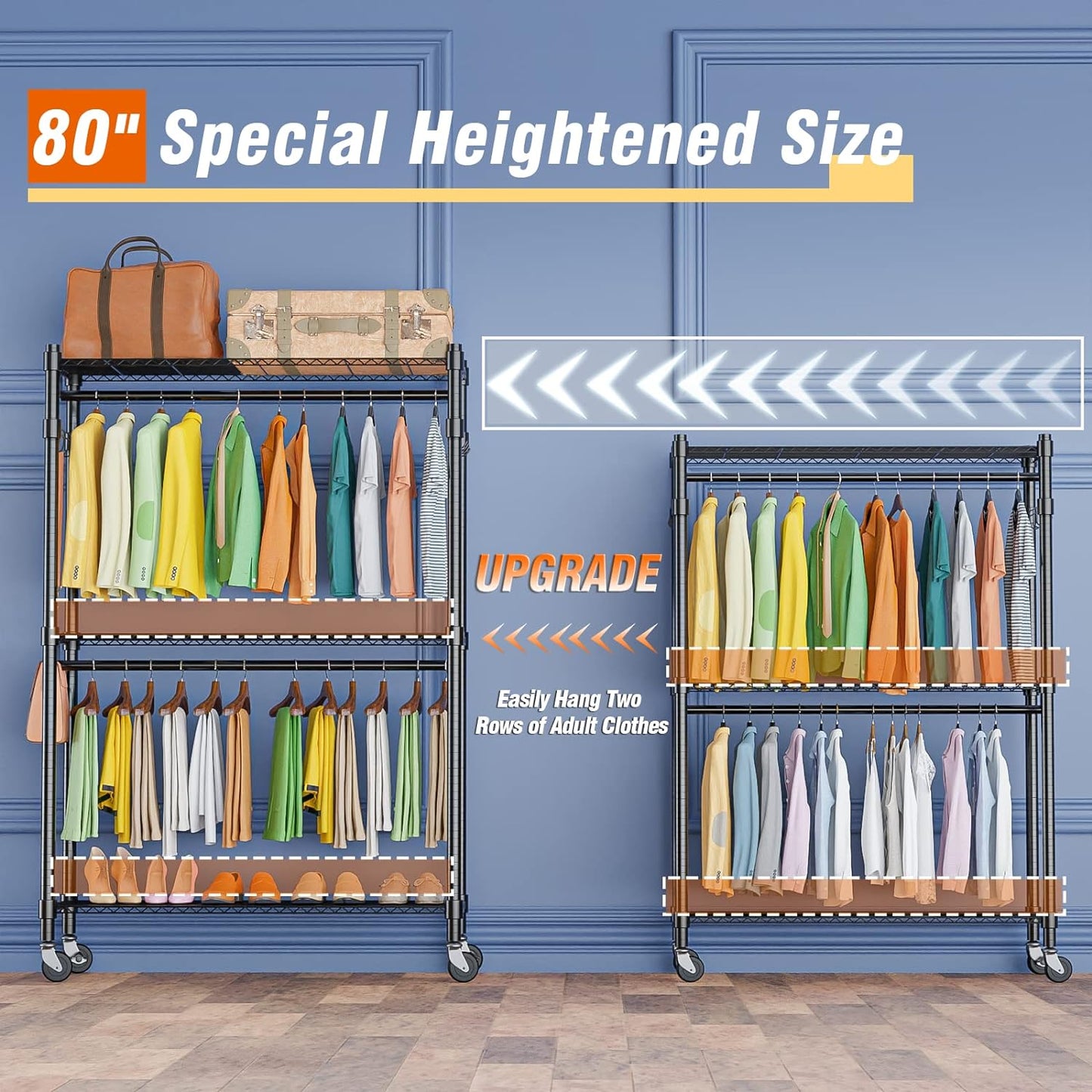 Homdox Rolling Garment Rack with Double Rod, Heavy Duty Clothing Rack with Shelves, Portable