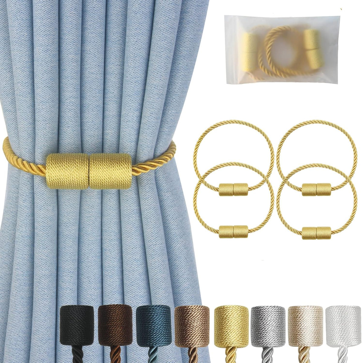 Magnetic Curtain Tiebacks 4 Pack Gold Curtain Rope Tieback Curtain Holders for Drapes Modern Tie