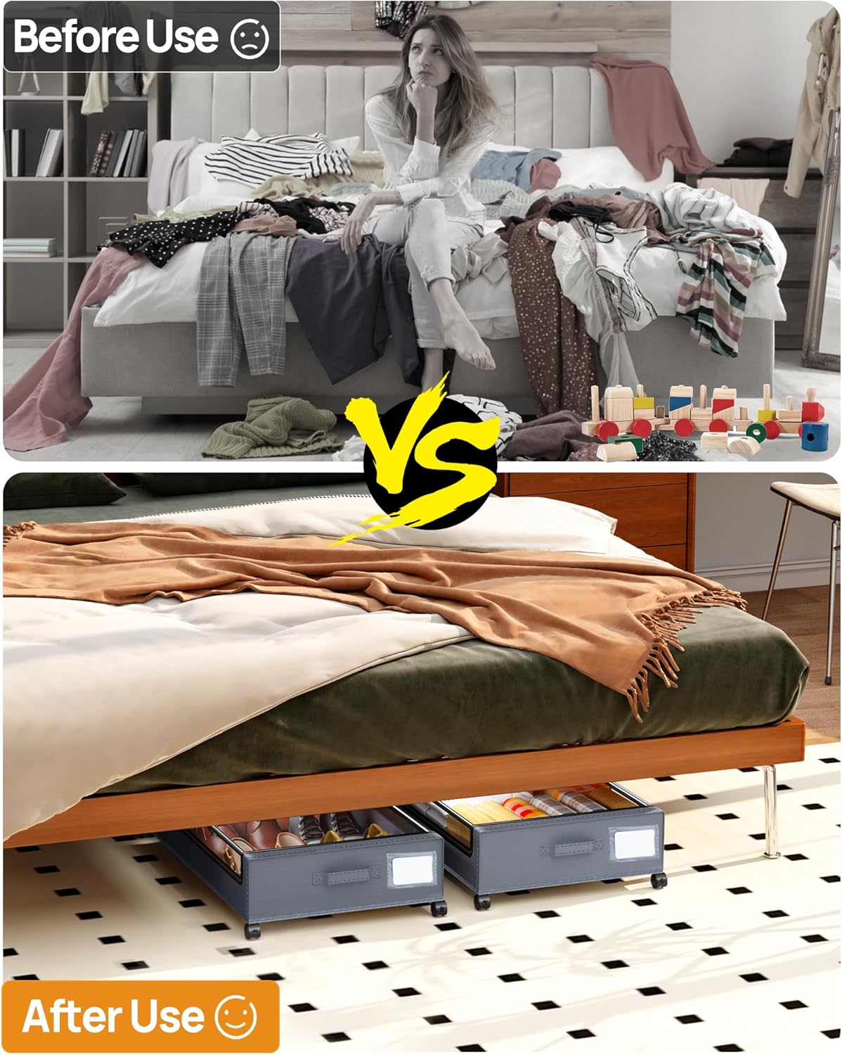 Under Bed Storage with Wheels, Square Under Bed Storage Containers, 60L Under The Bed Storage Bins