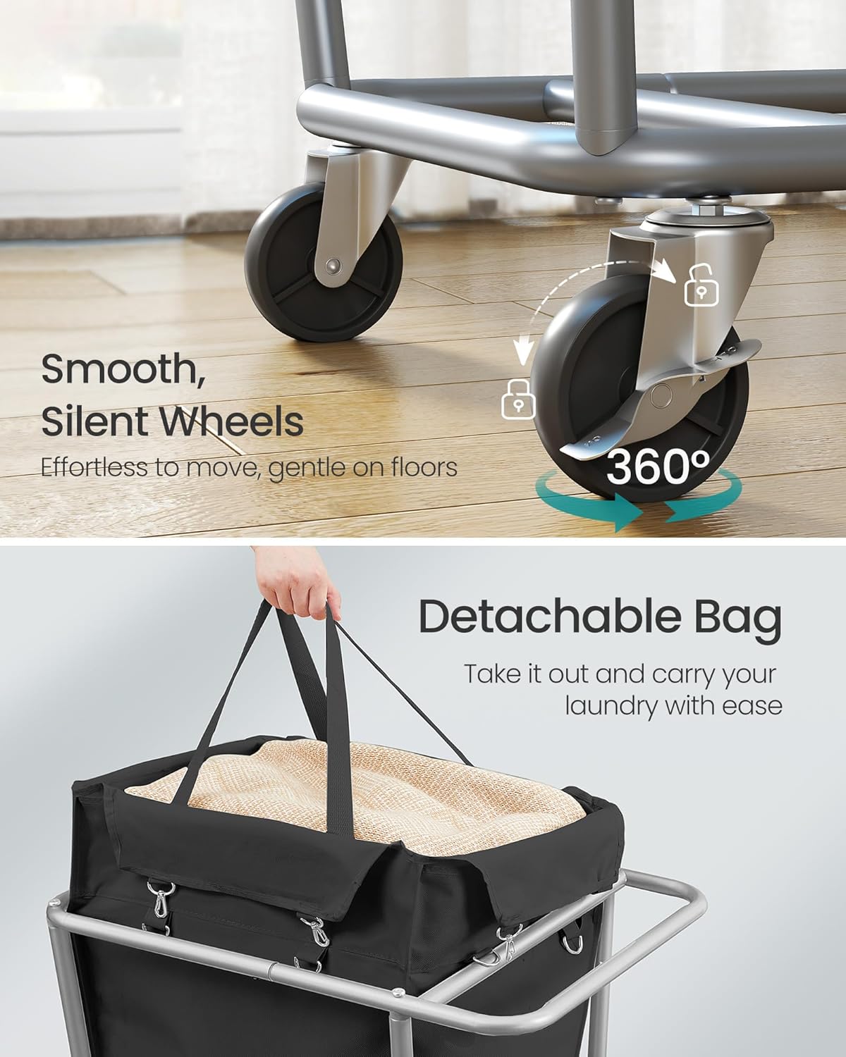 SONGMICS Laundry Basket with Wheels, 34.3 Gallons (130 L) Rolling Laundry Hamper with Removable