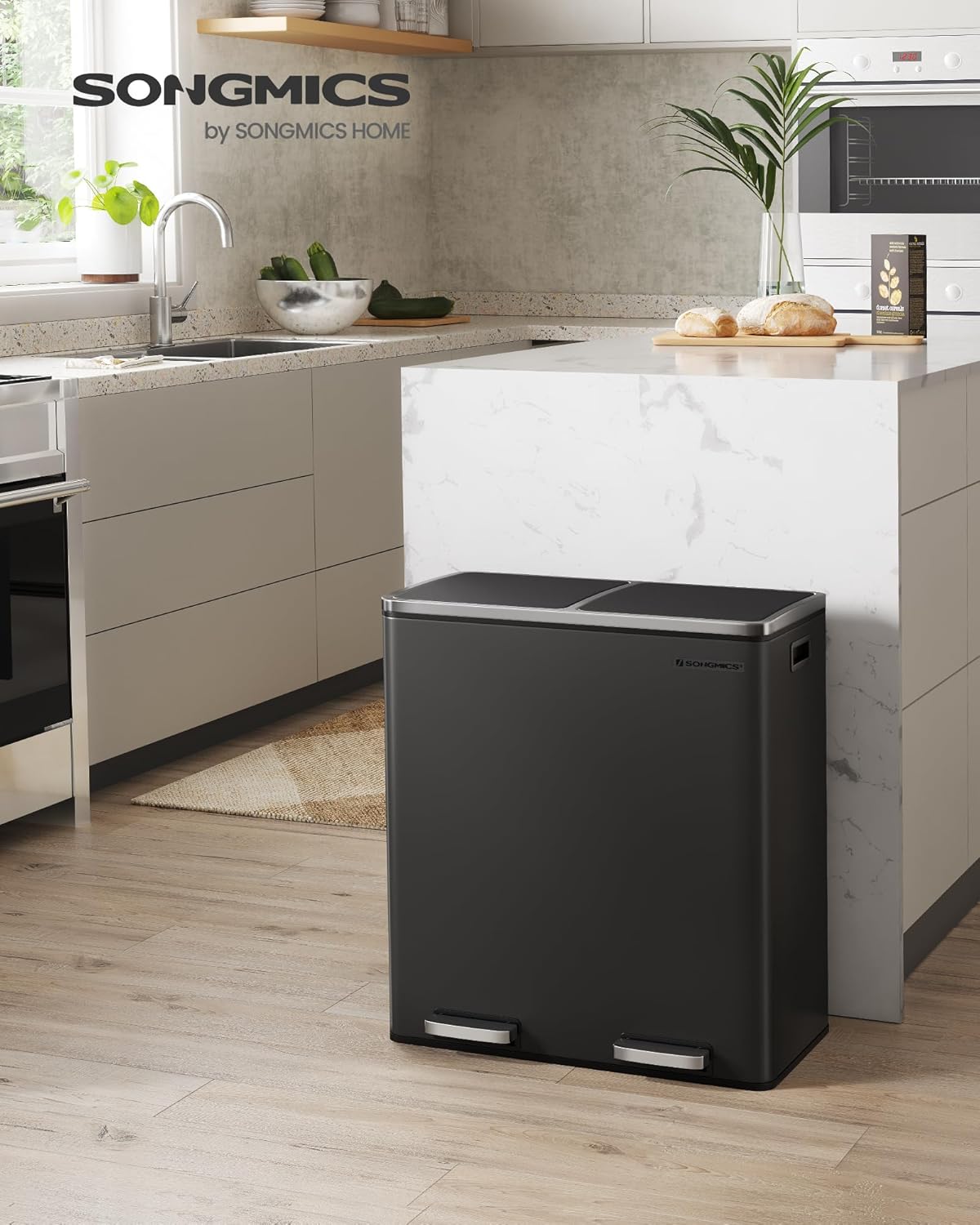 SONGMICS Trash Can, 2 x 8 Gallon (2 x 30 L) Garbage Can for Kitchen, with 15 Trash Bags, 2