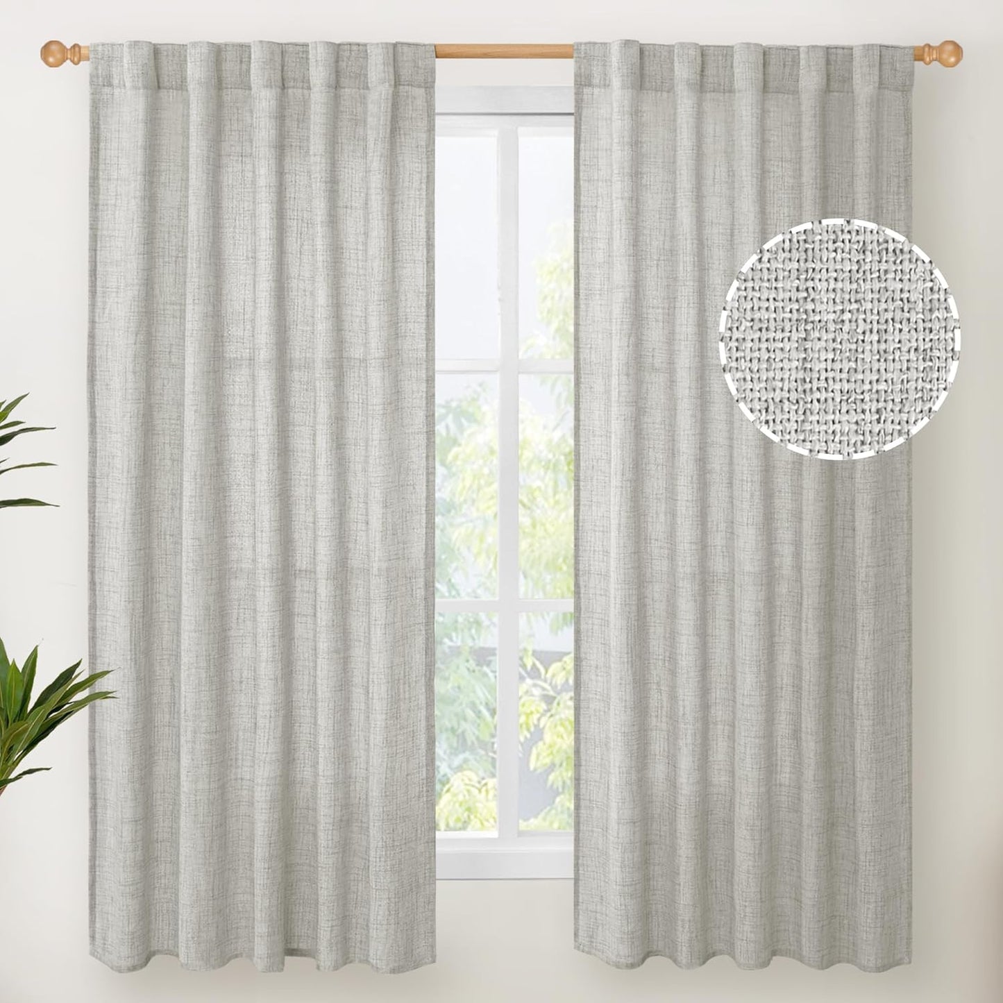 YoungsTex Light Grey Linen Curtains 63 Inch Length for Living Room, Rod Pocket Light Filtering