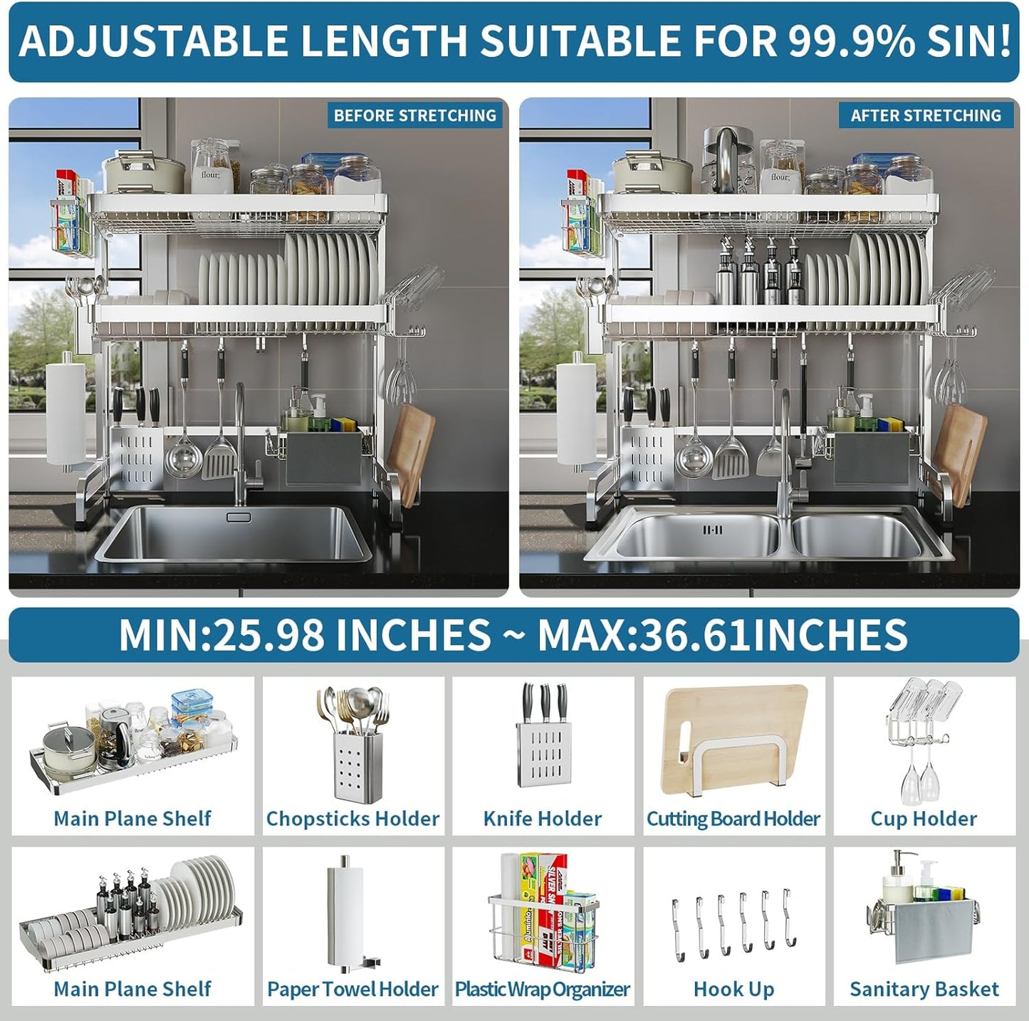 Over The Sink Dish Drying Rack,3 Tier Adjustable Length Full Stainless Steel Large Storage Kitchen