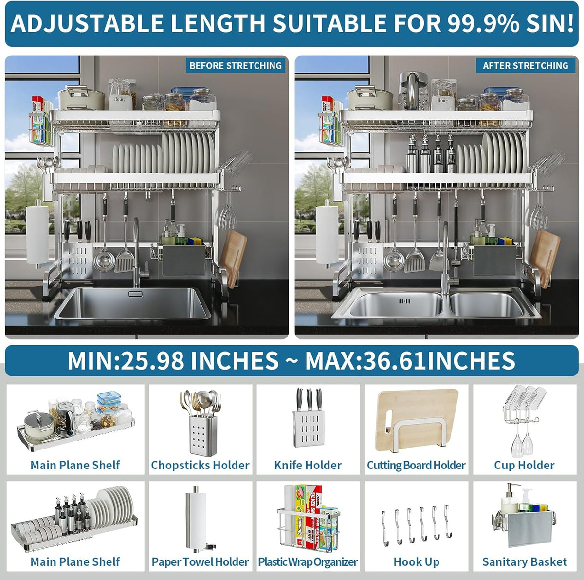 Over The Sink Dish Drying Rack,3 Tier Adjustable Length Full Stainless Steel Large Storage Kitchen
