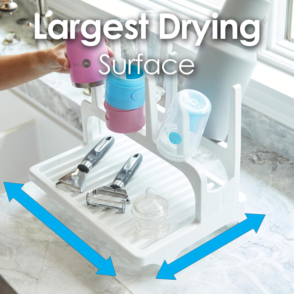 PopYum Glacier White Space Saving Drying Rack from 100% Recycled Bottles with Clear Frosted