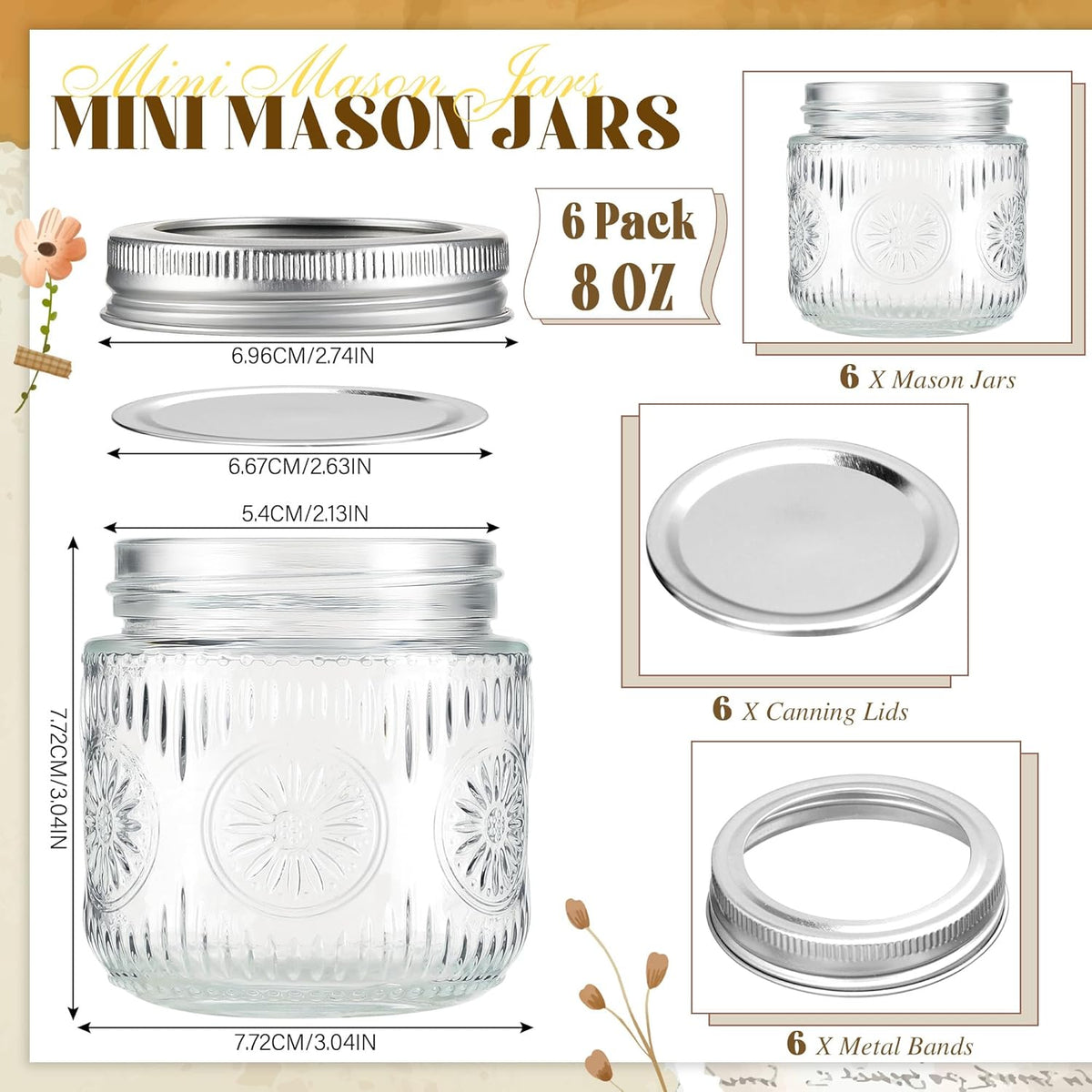 Mason Jars 8 oz - Vintage Small Glass Mason Jars with Silver Metal Lids, Regular Mouth Canning