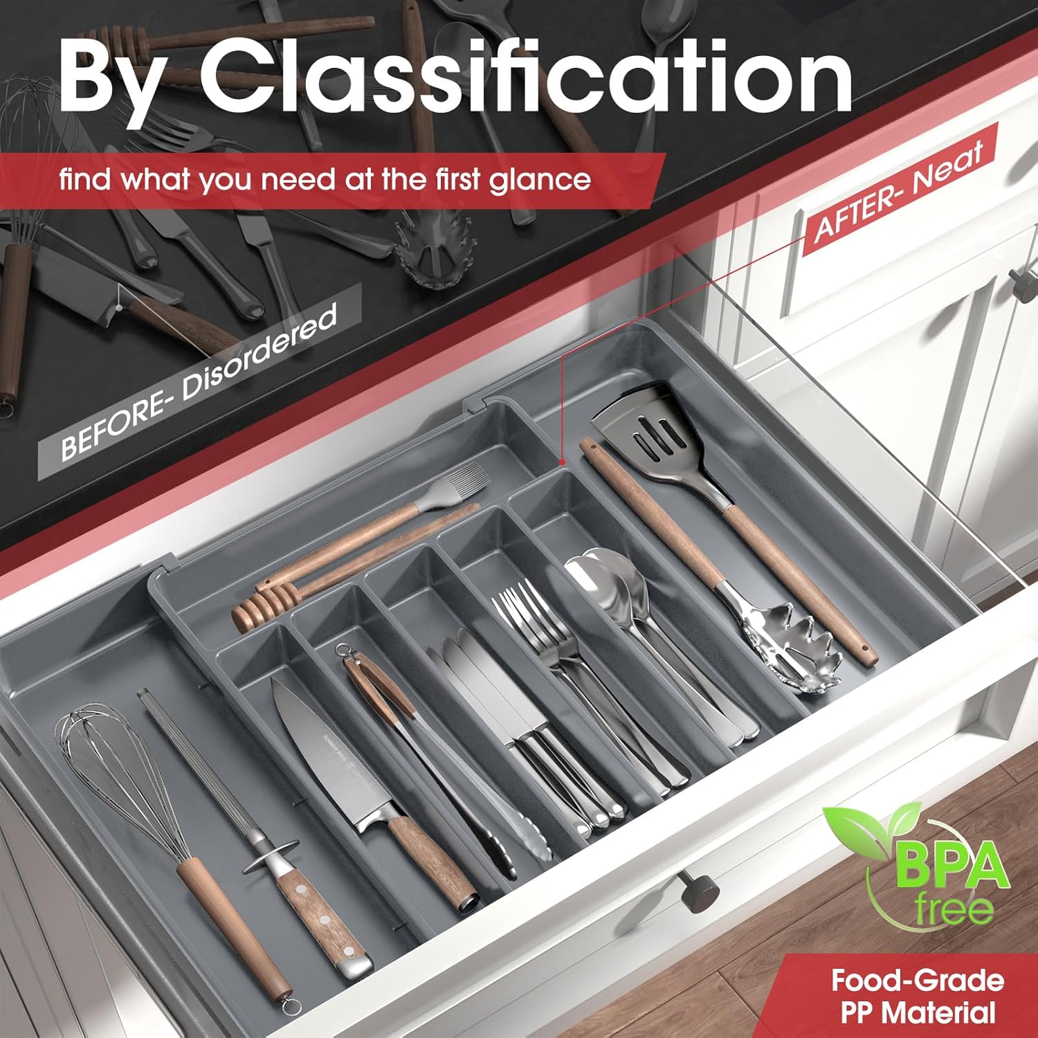 Aujen Silverware Organizer - Expandable Kitchen Drawer Organizer, Adjustable Utensil Organizer