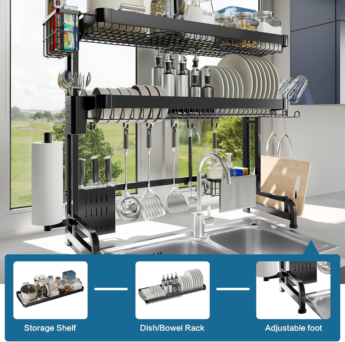 Over The Sink Dish Drying Rack,3 Tier Adjustable Length Full Stainless Steel Large Storage Kitchen