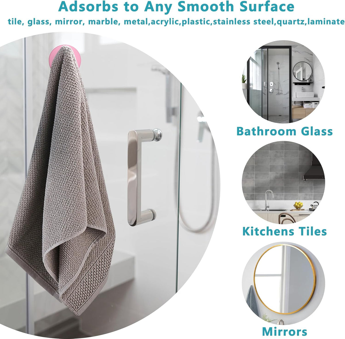 Suction Cup Hooks for Shower,Removable No Drill Towel Hooks,Upgraded 15 lbs Strong Suction hooks
