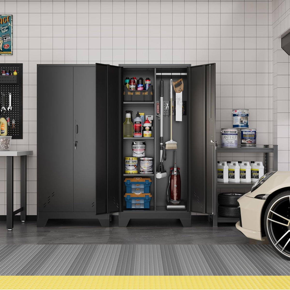 Metal Storage Cabinet with Locking Doors, 61" Tall Garage with Hanging Rod, Broom Closet