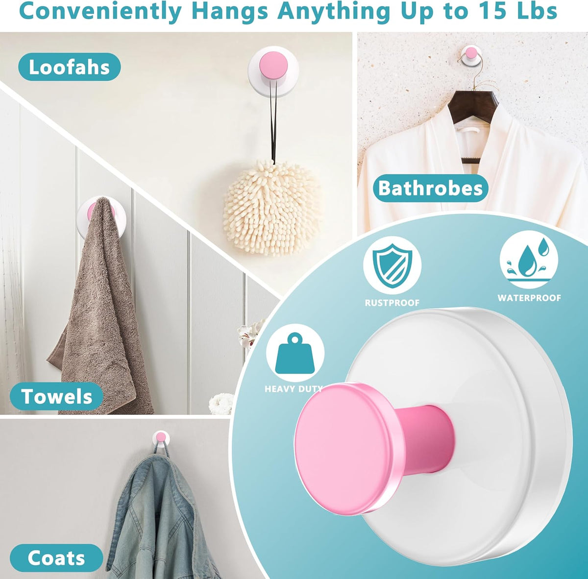 Suction Cup Hooks for Shower,Removable No Drill Towel Hooks,Upgraded 15 lbs Strong Suction hooks