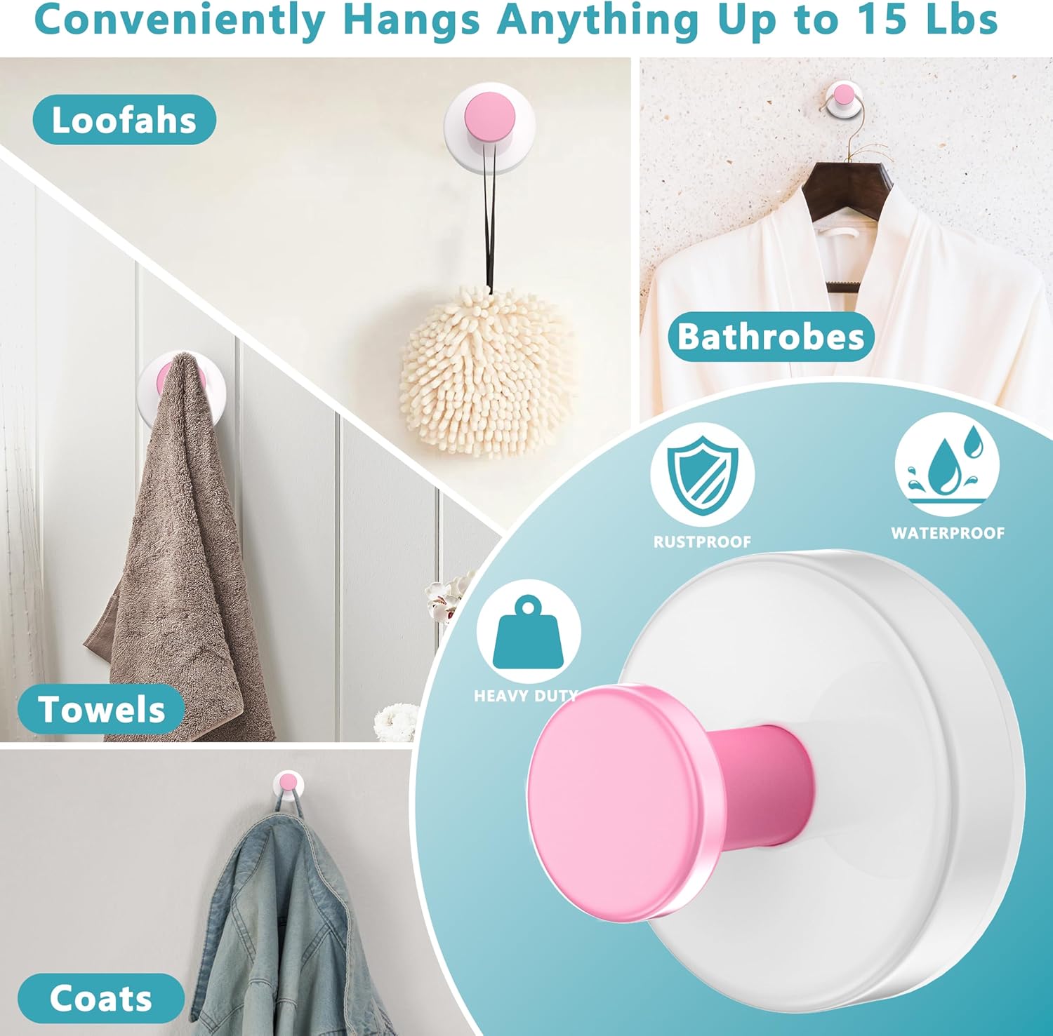 Suction Cup Hooks for Shower,Removable No Drill Towel Hooks,Upgraded 15 lbs Strong Suction hooks