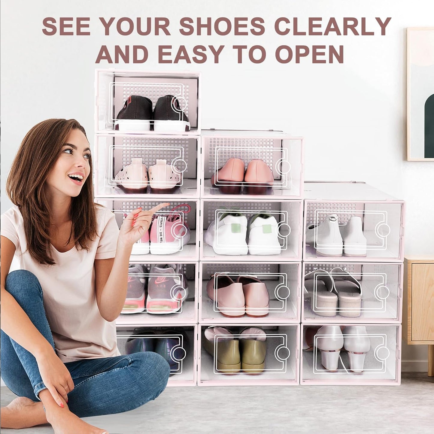 Kuject Shoe Organizers Storage Boxes for Closet, 12 Pack Clear Plastic Stackable Storage Bins with