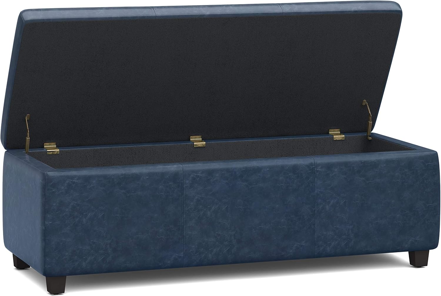 SIMPLIHOME Avalon 48 inch Wide Contemporary Rectangle Storage Ottoman Bench in Denim Blue Vegan